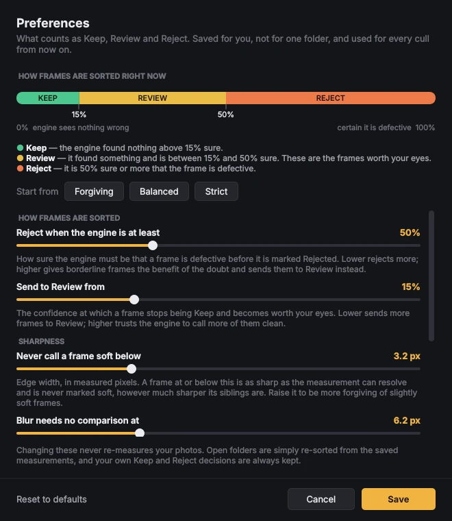 Preferences: the Keep, Review and Reject boundaries and the sliders that move them